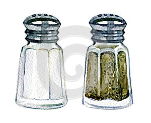 Salt and pepper shaker isolated on white, watercolor illustration