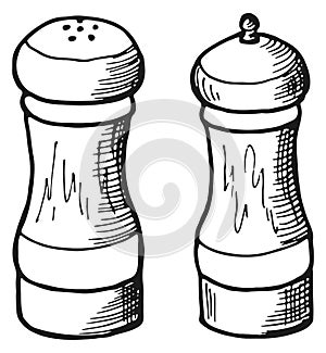 Salt and pepper shakers engravings. Cooking equipment icon