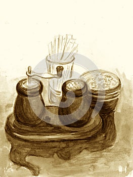 Salt and pepper shakers on table in cafe. Watercolor illustration. Hand-drawn sketch. Sepia, beige and brown monochrome