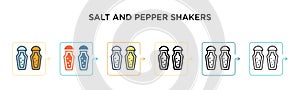 Salt and pepper shakers vector icon in 6 different modern styles. Black, two colored salt and pepper shakers icons designed in