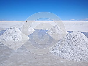 Salt piles with reflection on the salar