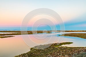 Salt ponds at sunset in Ba