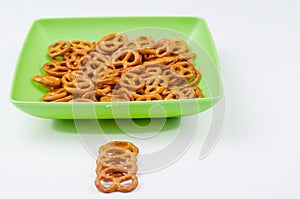 Salt pretzels isolated on white background.Copy space