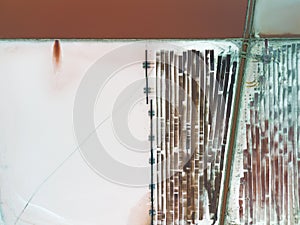 Salt Production line with machines extracting and transporting salt on sunset, aerial view