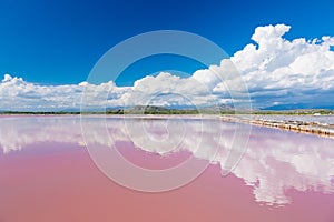 Salt production from Pink water lake in Dominican Republic