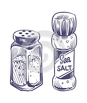 Salt shaker. Glass bottles salting powder and crystals hand drawn sketch illustration, saltshaker with himalayan or sea photo
