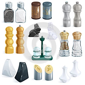Salt shaker vector design pepper bottle glass container and wooden kitchen utensil saltshaker decor illustration set of