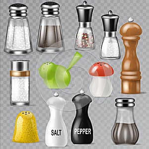 Salt shaker vector design pepper bottle glass container and wooden kitchen utensil saltshaker decor illustration set of photo