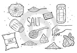 Salt sketch. Hand draw spice, vintage bowl spoon with sea salt powder. Food ingredients to cook, isolated pepper shaker vector