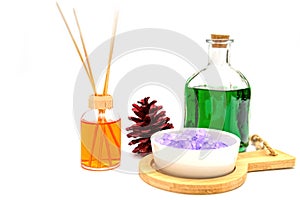 Salt spa objects on White background . Spa cosmetic products con