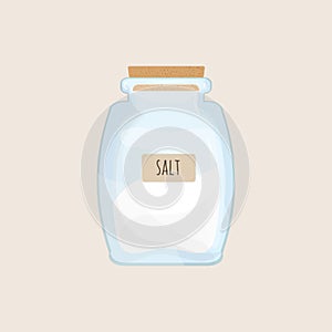 Salt stored in closed glass jar isolated on white background. Crystal condiment, food spice, mineral cooking ingredient photo