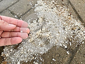 Salt on the street, used to melt snow, peace of salt in the hand