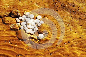 Salt water in Dead Sea. Balls of salt in the bowels of the Dead Sea, glare, stones and sand at the bottom