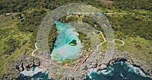 Salt water lake at green tropic landscape aerial view. Summer nobody nature scenery