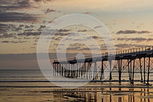 Saltburn pier landmark at sunrise.