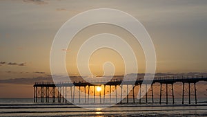 Saltburn pier landmark at sunrise.