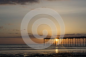 Saltburn pier landmark at sunrise.