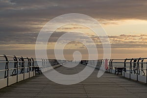 Saltburn pier landmark at sunrise.