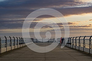 Saltburn pier landmark at sunrise.