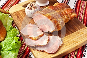 Salted boiled pork on the cutting board.