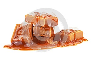 Salted caramel candies with caramel topping isolated on white background. Golden Butterscotch toffee caramels. Salted caramel