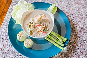 salted crab in Coconut Milk served with Fresh Vegetables,Lon Phu Kem.