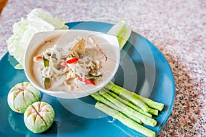 salted crab in Coconut Milk served with Fresh Vegetables,Lon Phu Kem.