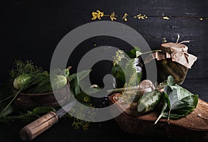 Salted cucumbers. Spices and herbs for making pickles. The top view of the wooden background