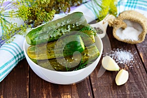 Salted cucumbers. Spices and herbs for making pickles of the wooden background.