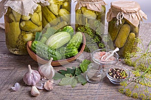 Salted cucumbers. Spices and herbs for making pickles on wooden background