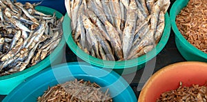 Salted dried and desiccated fish anchovies in food stall in Pettah market in Colombo Sri Lanka