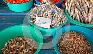 Salted dried and desiccated fish anchovies in food stall in Pettah market in Colombo Sri Lanka