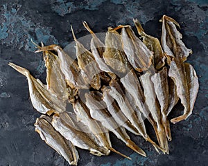 Salted dried horse mackerel, yellow minke fish. Fish appetizer for beer