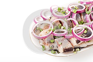 Salted herring with rings of red onion rings on oval plate on a light background . Marinated sliced fish. Traditional russian