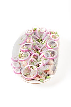 Salted herring with rings of red onion rings on oval plate on a light background . Marinated sliced fish. Traditional russian