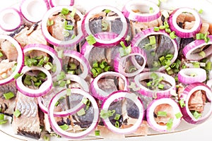 Salted herring with rings of red onion rings on oval plate on a light background . Marinated sliced fish. Traditional russian