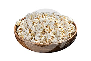 Salted popcorn in a wooden plate. Isolated on white background. Top view.