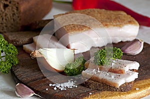 Salted pork lard (salo) on rye bread