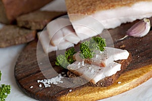 Salted pork lard (salo) on rye bread photo