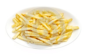 Salted potato sticks, shoestring potatoes, in a white bowl