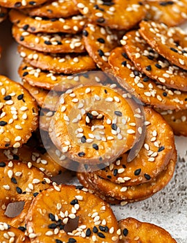 Salted Pretzel thins with black white sesame seeds