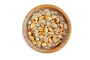 Salted roasted peanuts in bamboo bowl on white background