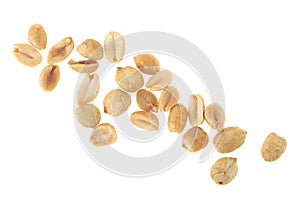 Salted roasted peanuts isolated on white background, top view