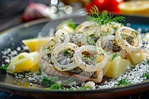Salted Soused Herring, Raw Marinated Fish Fillet, Onion Rings and Boiled Diced Potato photo
