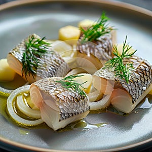 Salted Soused Herring, Raw Marinated Fish Fillet, Onion Rings and Boiled Diced Potato photo