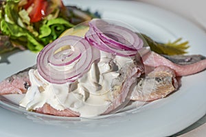 Salted young herring fillet also called soused with apples and sour cream, gherkin and onions, traditional Dutch and German fish photo