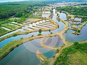 Salterns, areas with hypersaline water for natural salt-works, near Les Sables d\'Olonne, Pays de la Loire, France