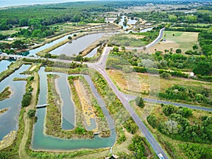 Salterns, areas with hypersaline water for natural salt-works, near Les Sables d\'Olonne, Pays de la Loire, France