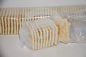 Saltine crackers in plastic wrap