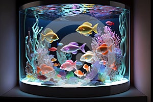Saltwater coral reef aquarium at home is most beautiful live decoration. Exotic tropical fishes in big aquarium